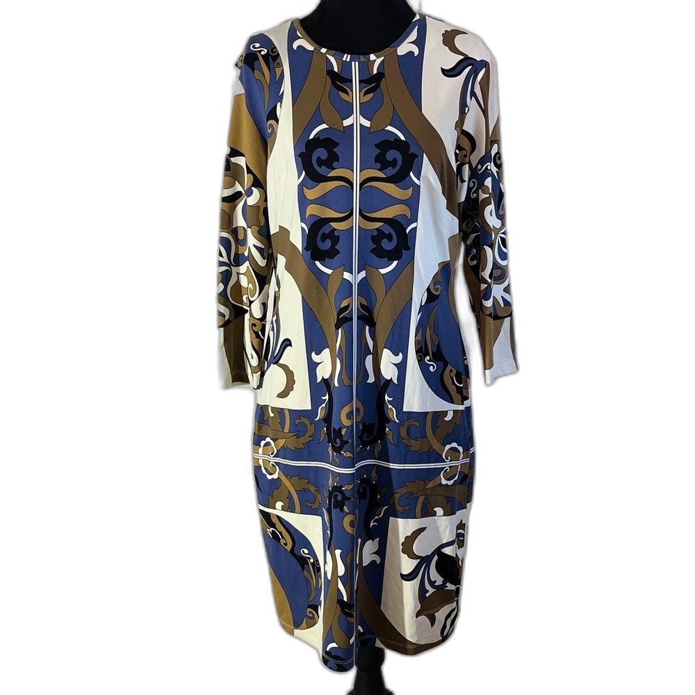 J. McLaughlin Sophia Dress Tan Blue Patterned Midi Dress Medium Catalina Cloth